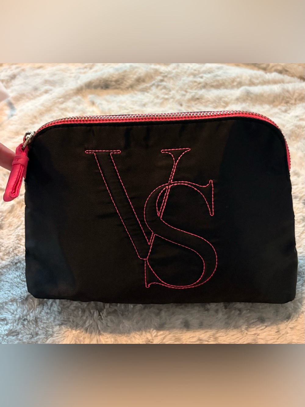 Victoria's Secret Black Cosmetic Pouch with Pink Stitching and Zipper